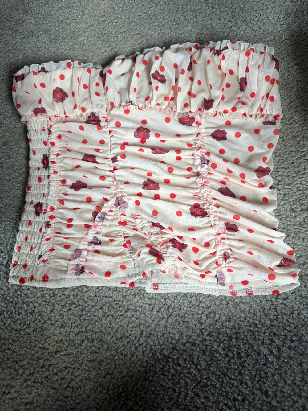 Free People Ivory Smocked Tube Top with Red Polka Dots and Purple Floral Accents